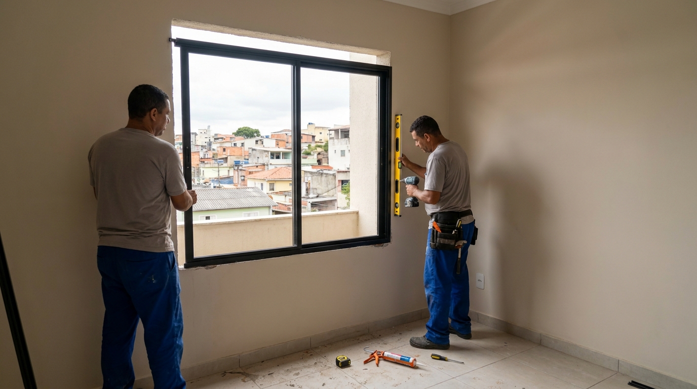 Esquadria de alumínio em quarto bege em Manaus-AM